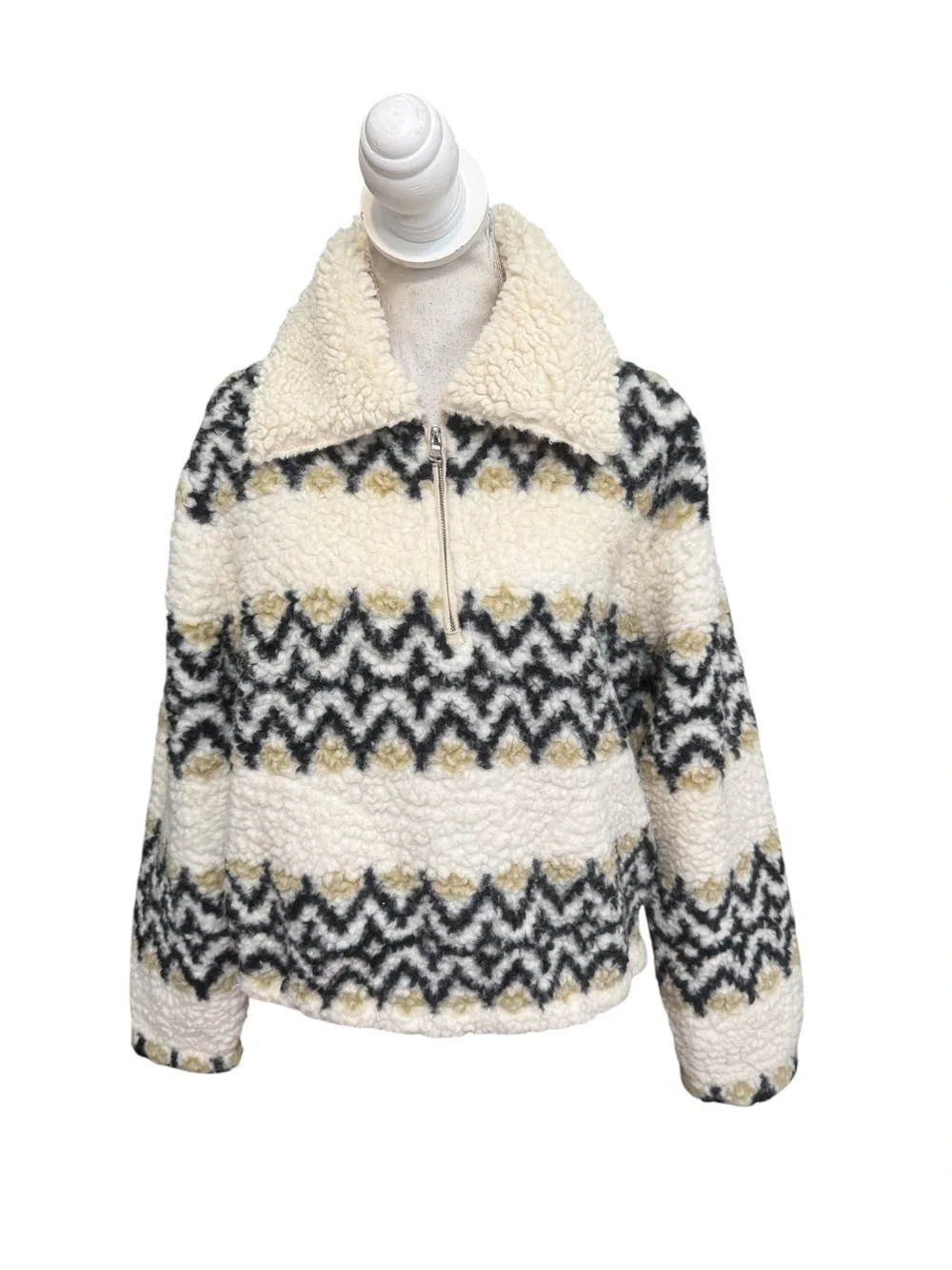 J. Crew Jacquard Print Sherpa Half-Zip Lined Fleece Pullover – Ivory | Sz. M